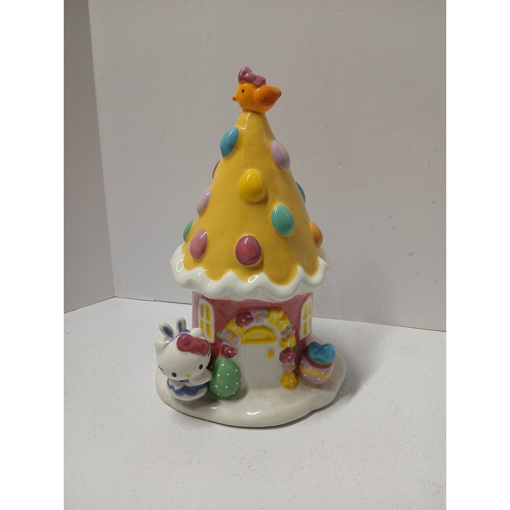 Hello Kitty Easter Egg House Figurine Yellow Ceramic Blue Sky‎ Embossed